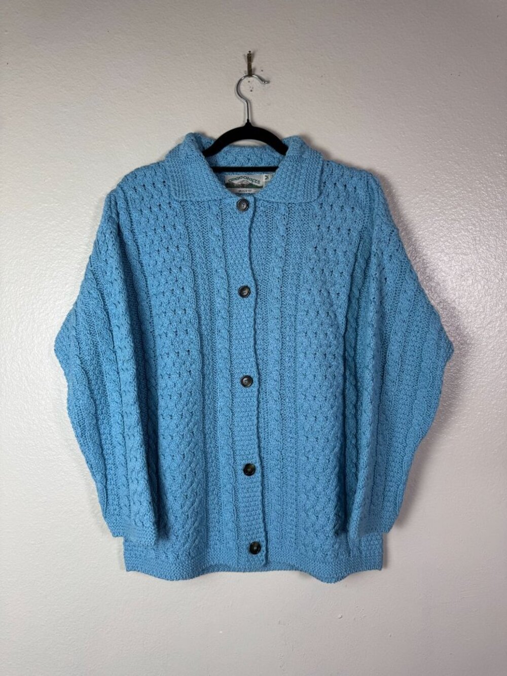 Aran Crafts Blue Cable Knit Button Up Cardigan Sweater Women Medium Cotton Blend